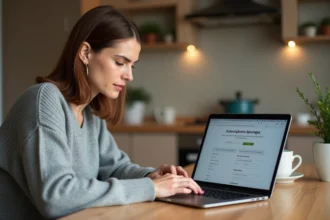 Femme consultant les paramètres de son compte Amazon sur un ordinateur portable pour annuler son abonnement Prime