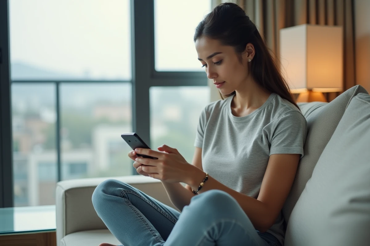 Jeune femme utilisant une application mobile de jeux sur son smartphone dans un salon moderne