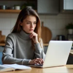 Jeune femme studieuse en cuisine avec livre de grammaire française