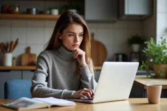 Jeune femme studieuse en cuisine avec livre de grammaire française