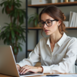 Femme au bureau moderne vérifiant des factures digitales