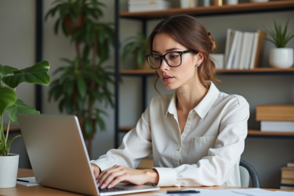 Femme au bureau moderne vérifiant des factures digitales