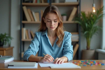 Jeune femme concentrée à son bureau moderne