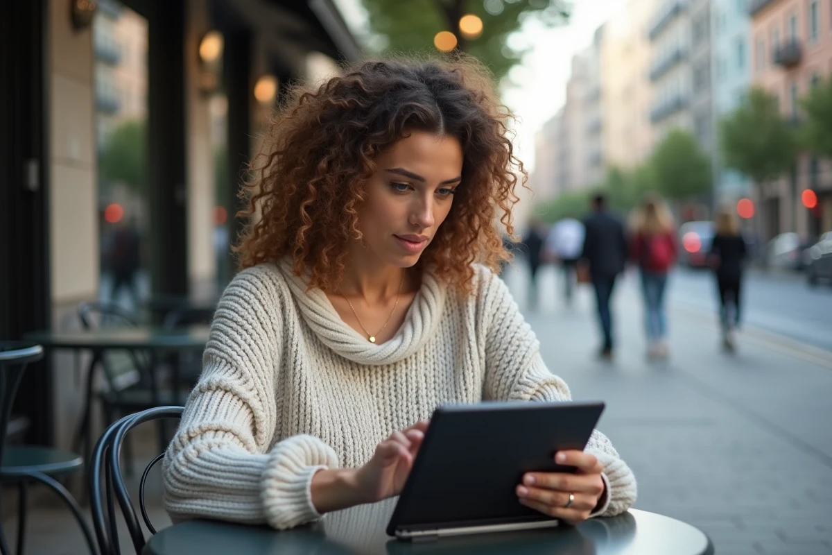 Femme au café manipulant une tablette de trading blockchain