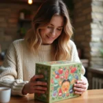 Femme tenant un calendrier de l'avent FDJ dans une cuisine chaleureuse, anticipant l'ouverture des cases numérotées