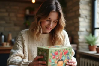 Femme tenant un calendrier de l'avent FDJ dans une cuisine chaleureuse, anticipant l'ouverture des cases numérotées