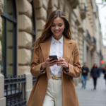 Femme élégante en manteau camel dans la ville