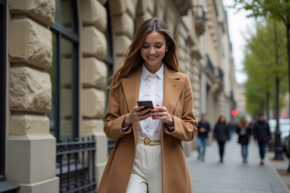 Femme élégante en manteau camel dans la ville
