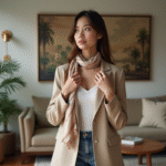 Femme élégante en blazer beige dans un appartement moderne