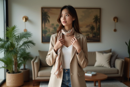 Femme élégante en blazer beige dans un appartement moderne