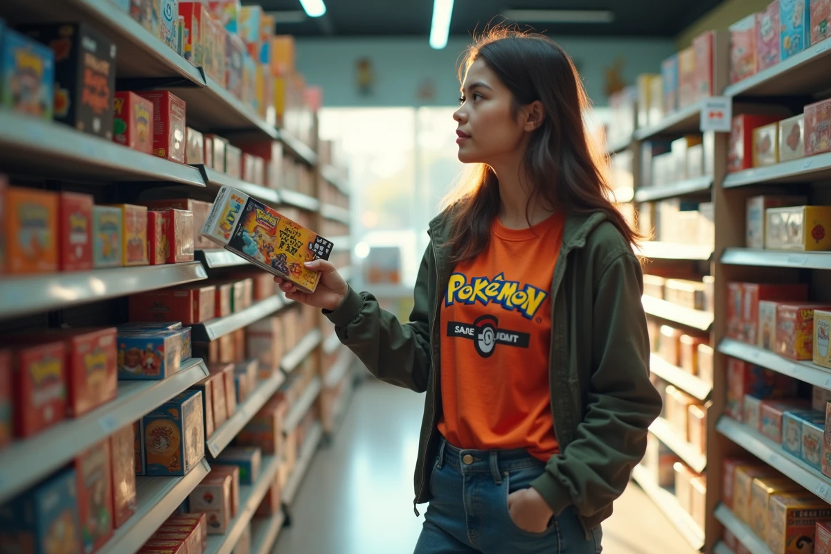 Jeune femme choisissant un jeu Pokémon en magasin