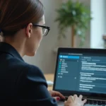Femme consultant les paramètres de confidentialité sur son ordinateur portable dans un bureau à domicile moderne, illustrant la protection des données personnelles en ligne
