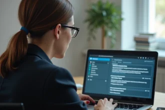 Femme consultant les paramètres de confidentialité sur son ordinateur portable dans un bureau à domicile moderne, illustrant la protection des données personnelles en ligne