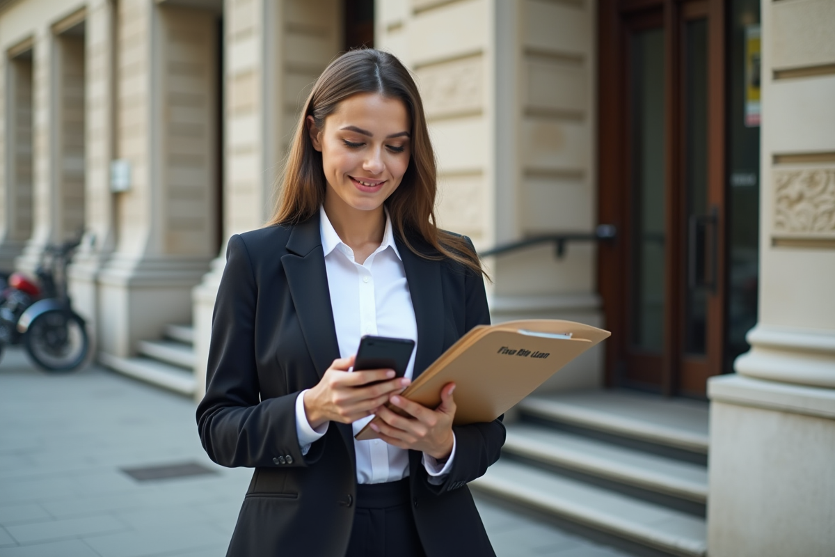 Jeune femme vérifiant son smartphone devant une banque
