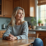 Femme dans sa cuisine lumineuse et chaleureuse