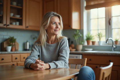 Femme dans sa cuisine lumineuse et chaleureuse