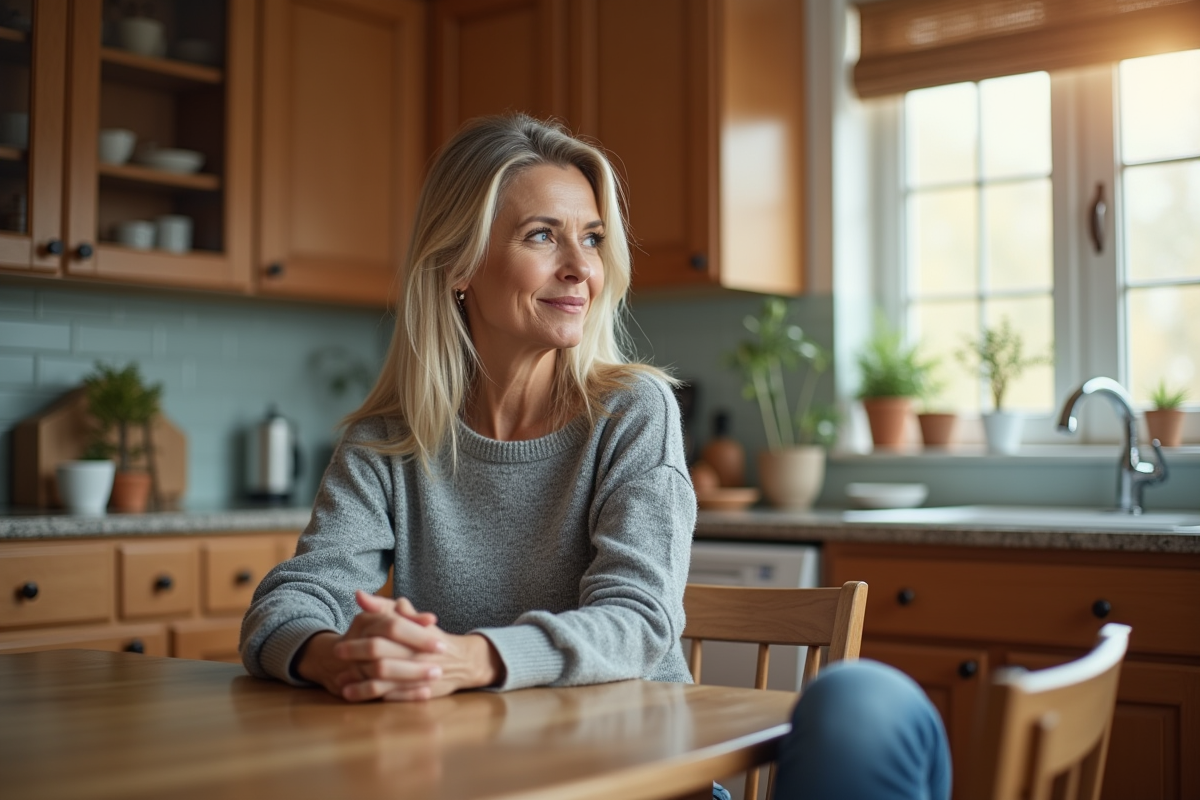 Femme dans sa cuisine lumineuse et chaleureuse