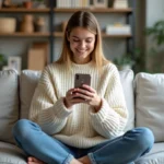 Jeune femme créant une story Instagram sur son smartphone depuis son canapé dans un appartement moderne et cosy