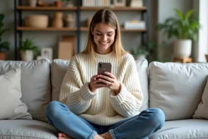 Jeune femme créant une story Instagram sur son smartphone depuis son canapé dans un appartement moderne et cosy