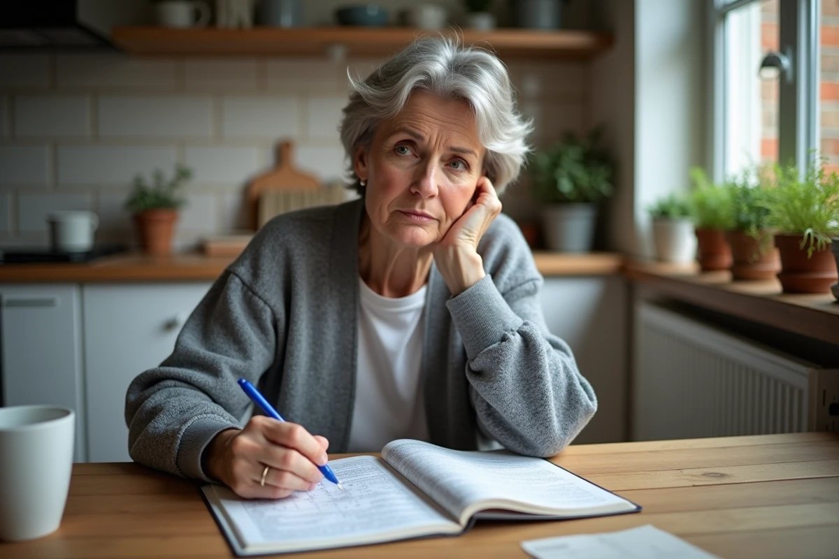 Femme française faisant un mots croises à la maison