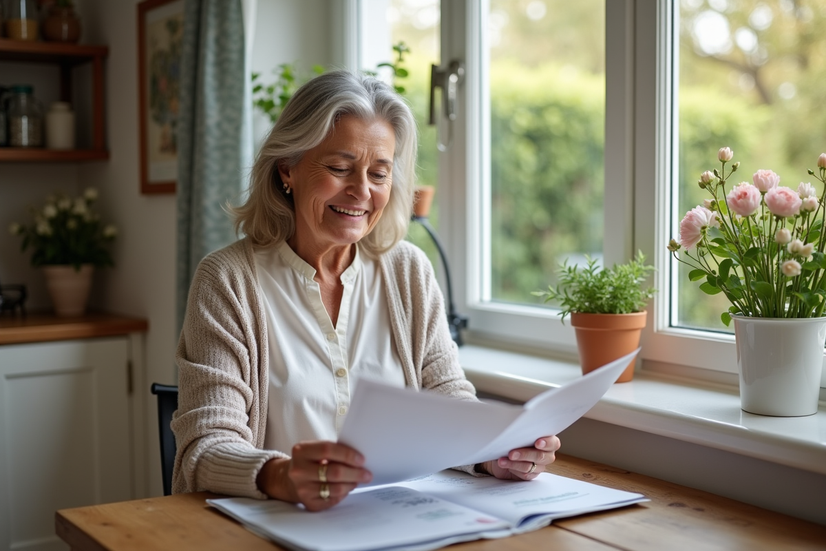 Femme souriante lisant des brochures de retraite à la maison