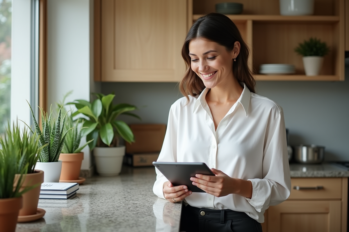 Jeune femme souriante avec une tablette dans la cuisine