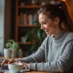Femme consultant des promotions Cyber Monday sur un ordinateur portable dans un bureau à domicile moderne