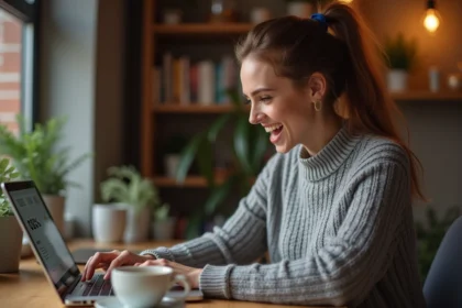 Femme consultant des promotions Cyber Monday sur un ordinateur portable dans un bureau à domicile moderne