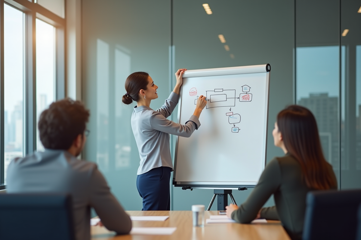 Femme en réunion professionnelle dessinant un flowchart
