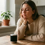 Femme concentrée en train d'écouter attentivement un podcast dans sa cuisine, illustrant la différence entre écouter et entendre