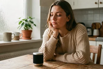 Femme concentrée en train d'écouter attentivement un podcast dans sa cuisine, illustrant la différence entre écouter et entendre