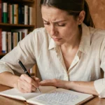 Femme relisant ses notes manuscrites avec un stylo, cherchant l'orthographe correcte d'un mot en français