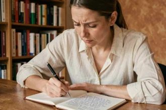 Femme relisant ses notes manuscrites avec un stylo, cherchant l'orthographe correcte d'un mot en français