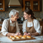 Femme âgée et adolescente préparant des pâtisseries ensemble