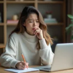 Jeune femme pensant devant un ordinateur portable dans un bureau à domicile