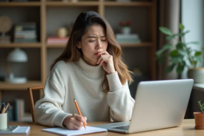 Jeune femme pensant devant un ordinateur portable dans un bureau à domicile