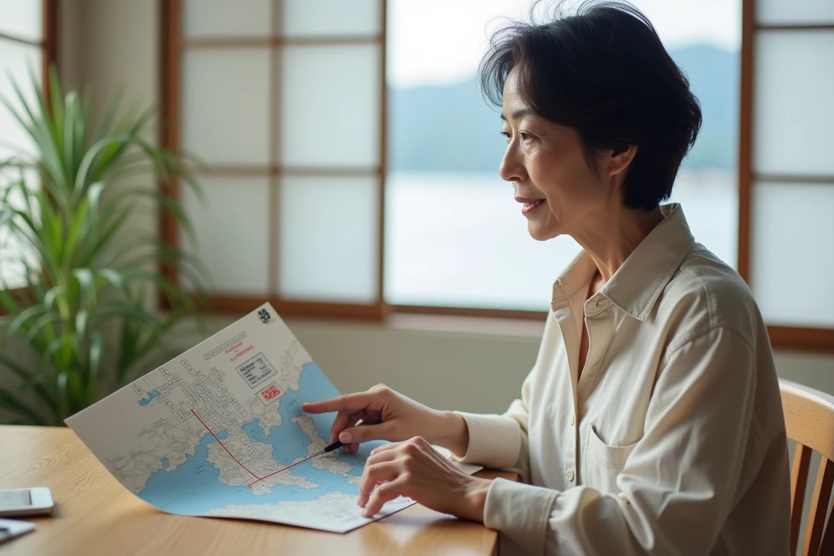 Femme japonaise d'âge moyen pointant une baie japonaise en trois lettres dans un magazine de mots croisés dans une maison traditionnelle