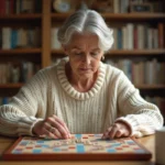 Femme concentrée plaçant une tuile Scrabble sur un plateau en bois dans un salon chaleureux