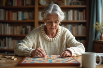 Femme concentrée plaçant une tuile Scrabble sur un plateau en bois dans un salon chaleureux