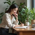 Femme assise à son bureau en home office en train de journaler