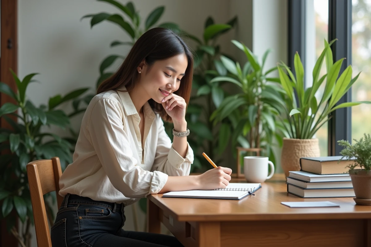 Femme assise à son bureau en home office en train de journaler