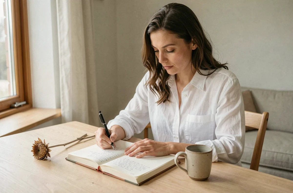 Femme écrivant dans un journal intime dans un intérieur épuré, symbolisant la réflexion personnelle et la quête de clarté sur la flamme jumelle
