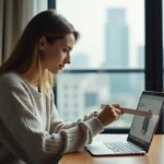 Jeune femme avec règle compare un produit sur son ordinateur