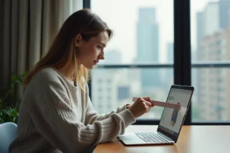 Jeune femme avec règle compare un produit sur son ordinateur