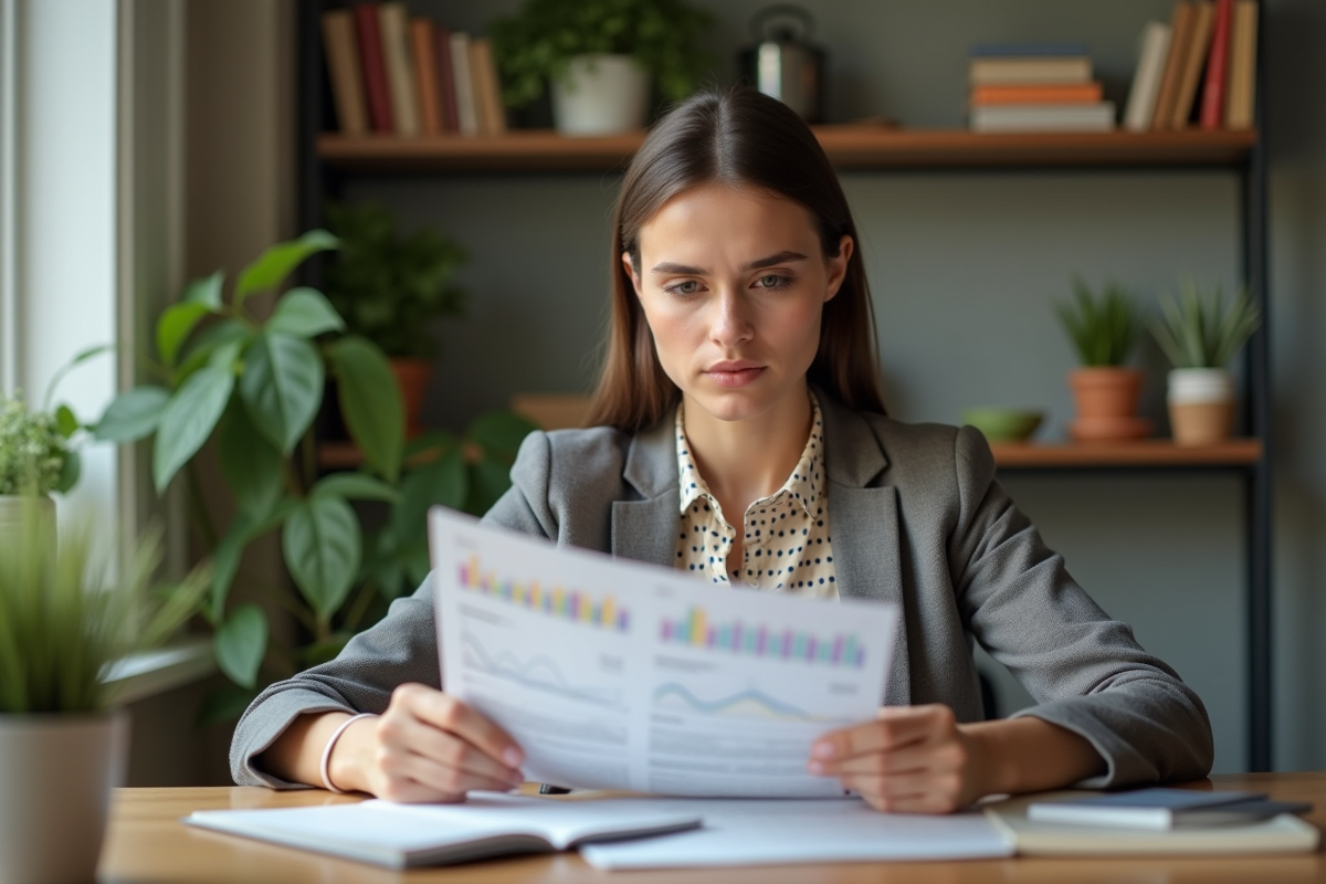 Jeune femme lisant un rapport financier à la maison