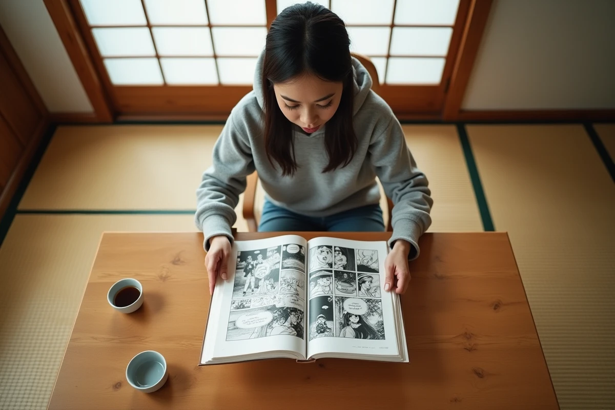 Femme étudiant des pages de scan manga One Punch Man sur un bureau dans une pièce de style japonais