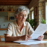 Femme d'âge moyen lisant des documents dans une cuisine rustique