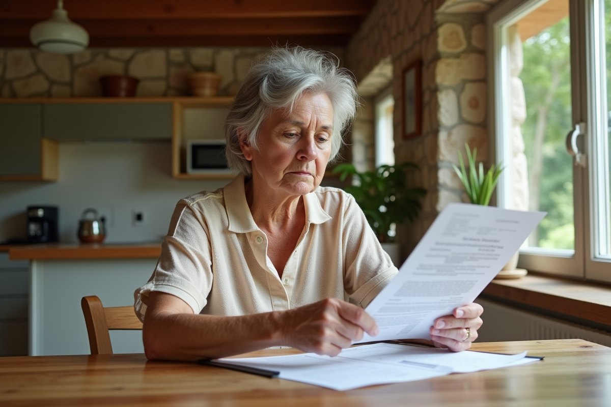 Femme d'âge moyen lisant des documents dans une cuisine rustique