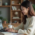 Femme lisant manga à la maison dans un cadre cosy
