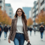 Femme élégante marche dans une place urbaine en automne